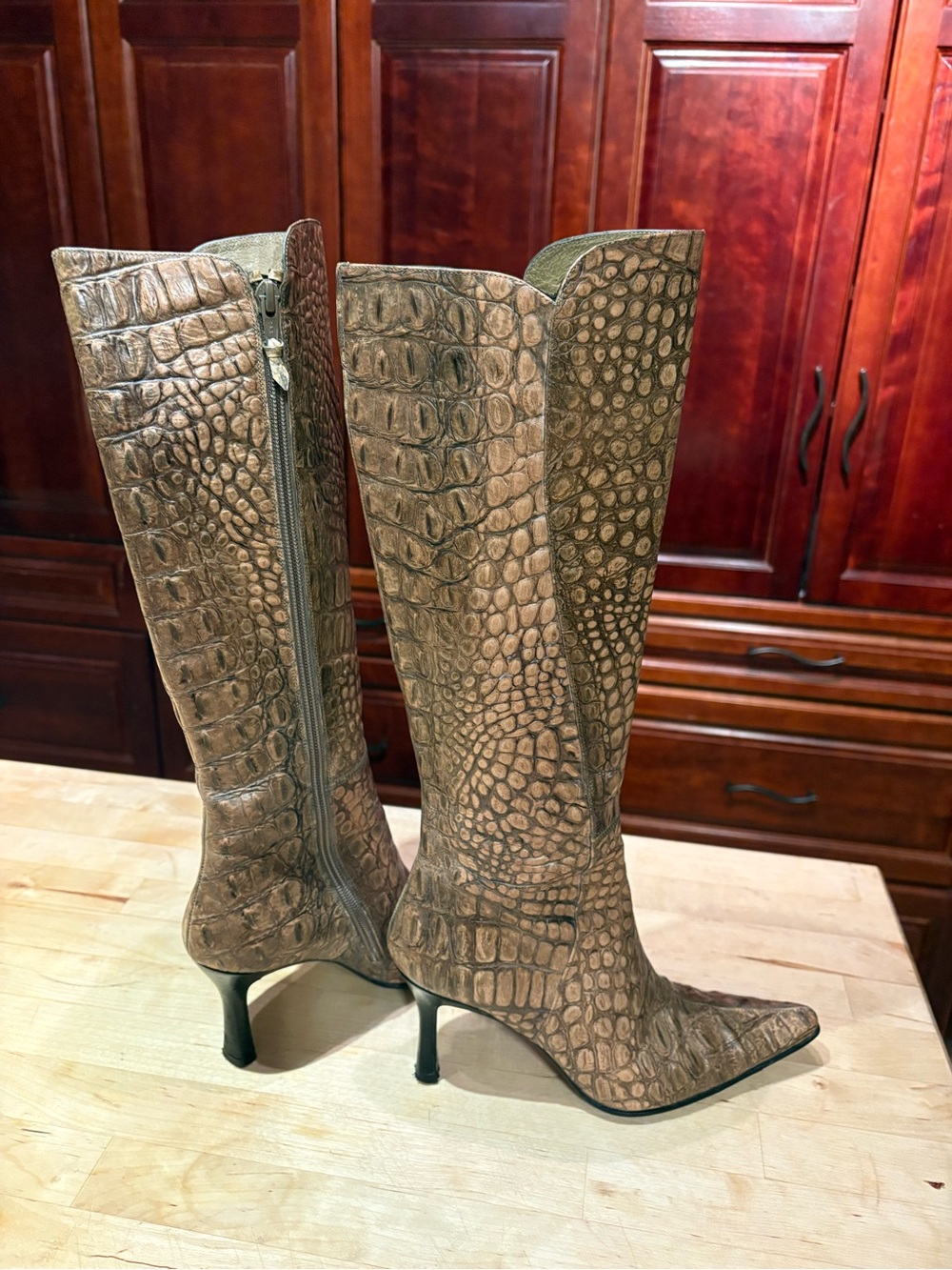 Women's Brown Croc-Embossed Knee-High Heeled Boots